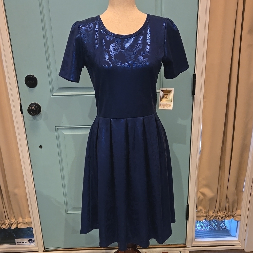 LuLaRoe Blue A-line Knee-length Cocktail Dress with Scoop Neck and Short Sleeves